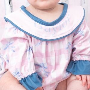 Baylor Pink and Blue Bow Gingham Print Baby Bubble
